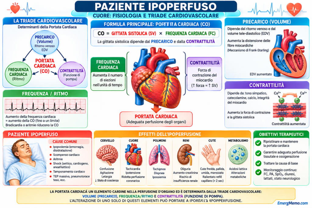 Infografica sulla portata cardiaca, i determinanti e i segni di ipoperfusione.