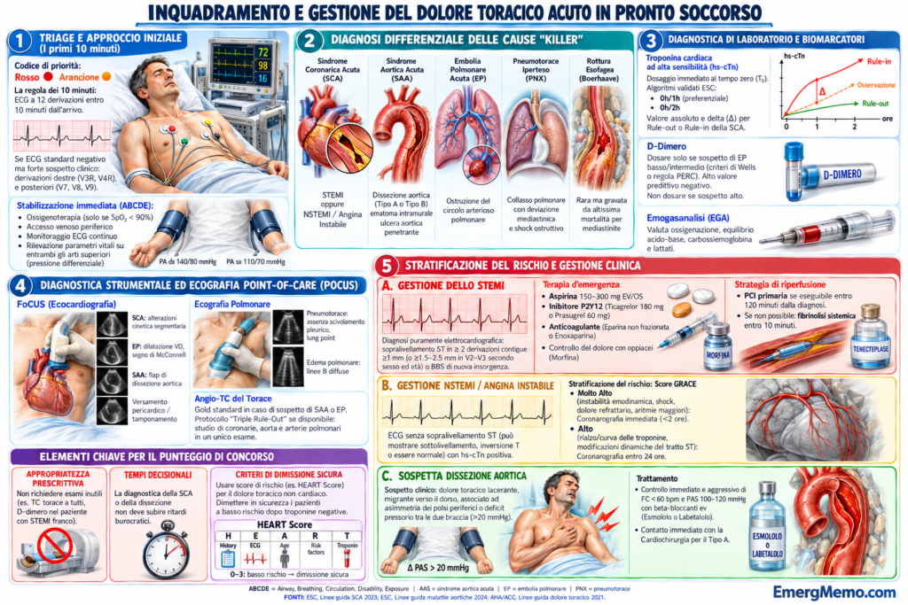 Percorso illustrato di inquadramento e gestione del dolore toracico acuto in Pronto Soccorso.