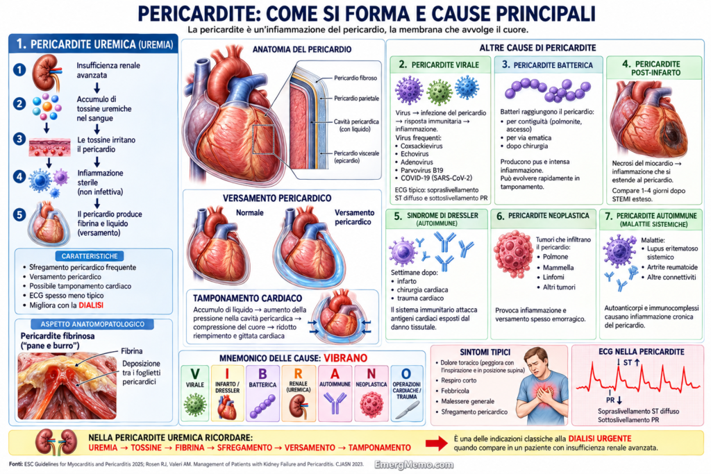 Infografica sulle cause della pericardite e sui principali meccanismi infiammatori.