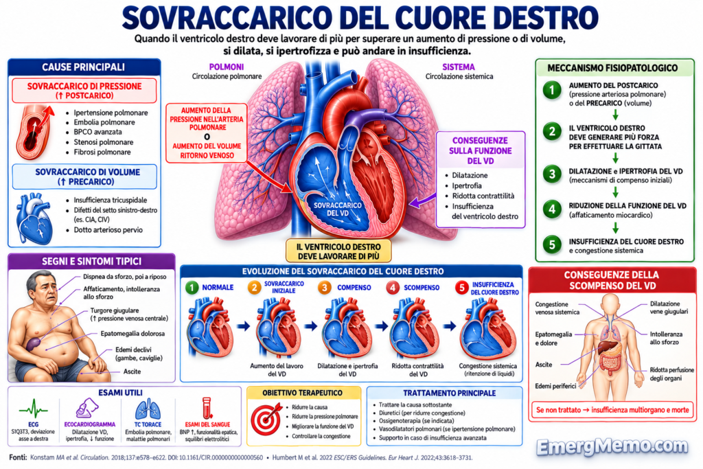 Infografica sul sovraccarico del cuore destro: cause, fisiopatologia, segni clinici e gestione.
