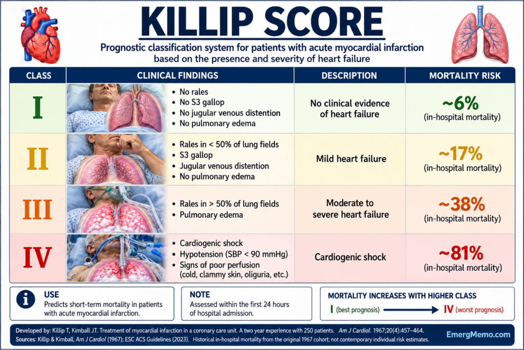 Killip score: four classes of heart failure severity after myocardial infarction, with clinical findings and historical mortality percentages.