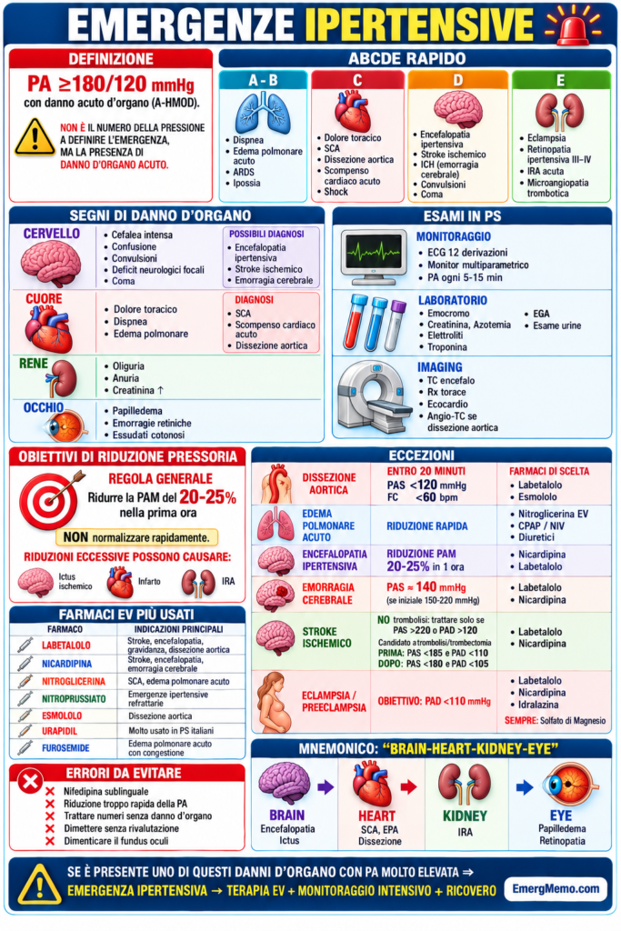 Infografica sulle emergenze ipertensive: definizione, organi bersaglio, esami e obiettivi pressori.