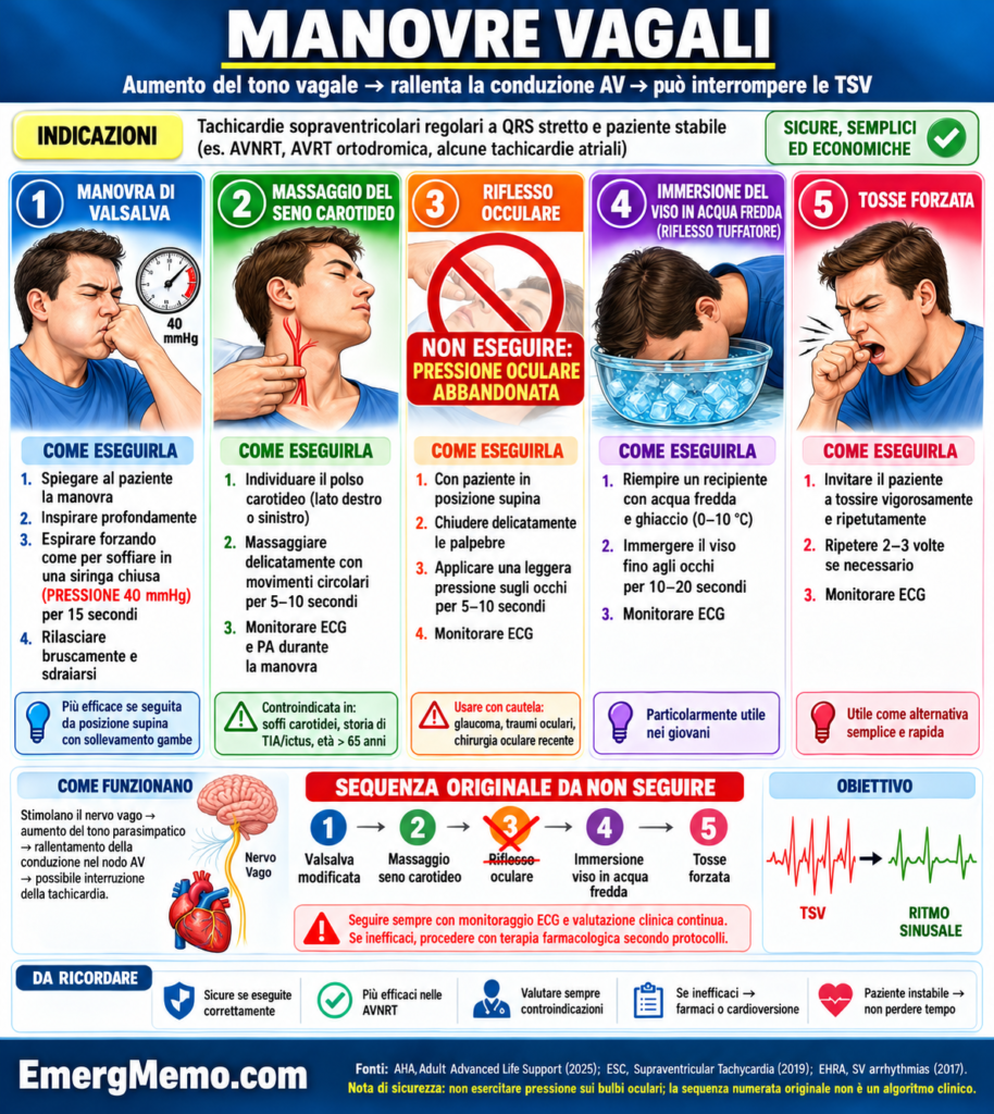 Infografica illustrata sulle manovre vagali e le indicazioni nella tachicardia sopraventricolare.