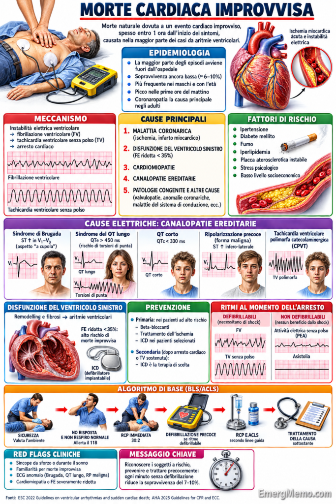 Infografica sulla morte cardiaca improvvisa: meccanismi, fattori di rischio, prevenzione e catena della sopravvivenza.