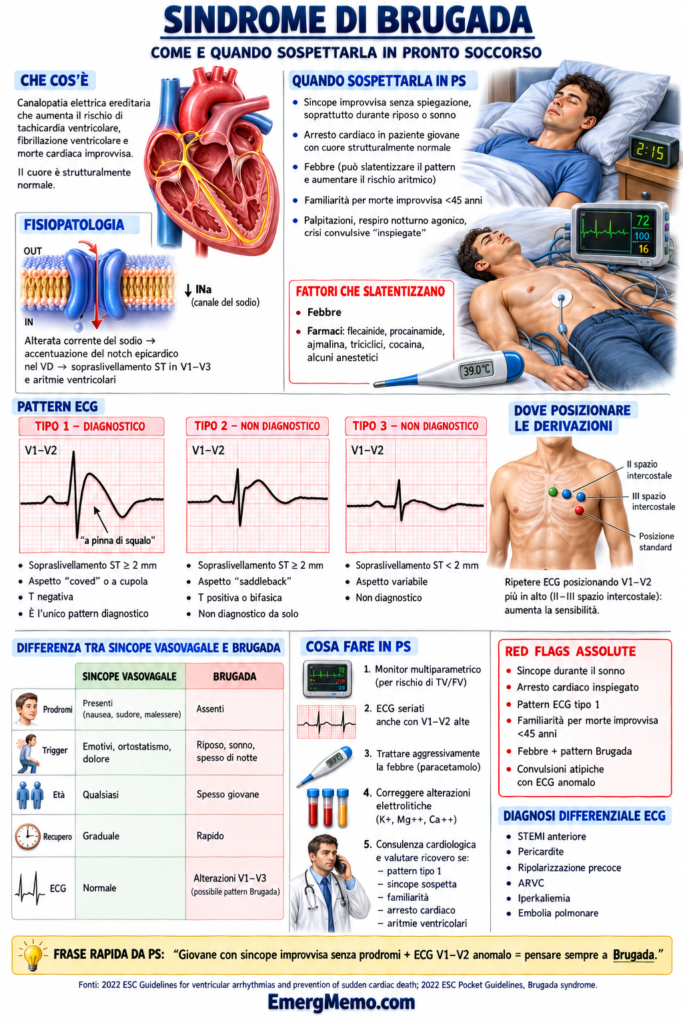 Infografica sulla sindrome di Brugada: pattern ECG, diagnosi, stratificazione del rischio e gestione.