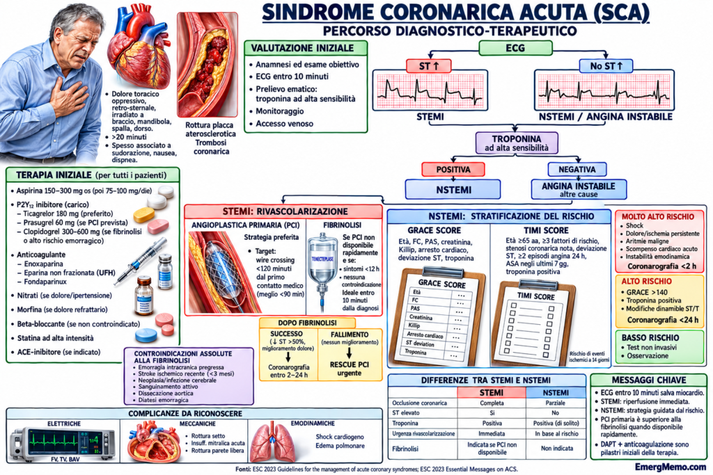 Infografica sulla sindrome coronarica acuta: presentazione, diagnosi, ECG e trattamento iniziale.
