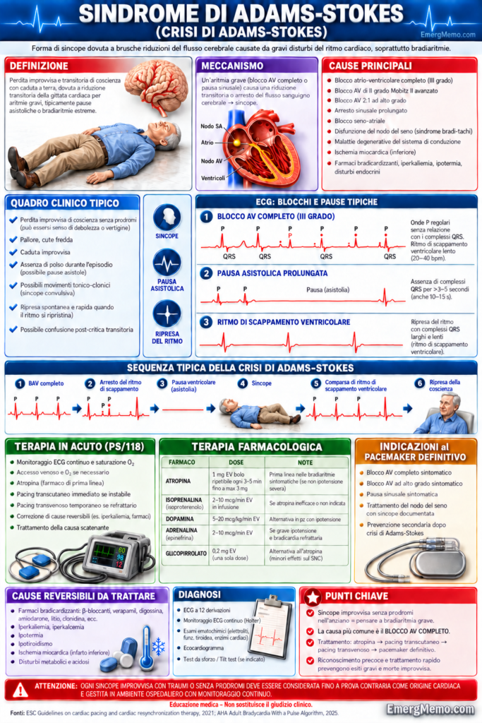 Infografica sulla sindrome di Adams-Stokes: blocchi atrioventricolari, sincope, diagnosi e trattamento.