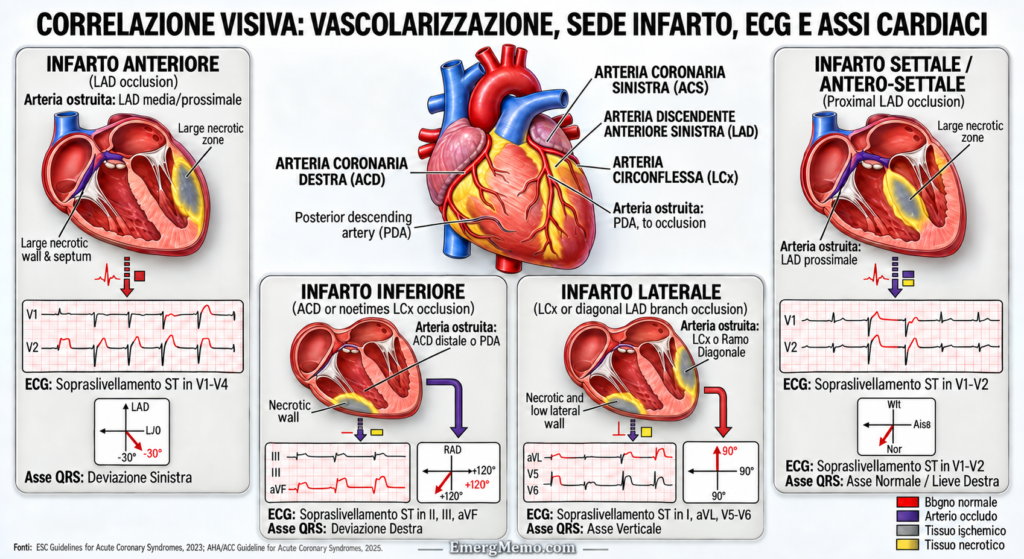 Infografica sui territori dell’infarto miocardico, arterie coronarie e corrispondenze ECG.