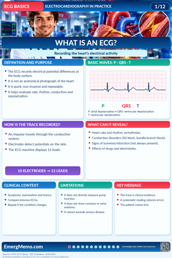 ECG BASICS – Illustrated ECG Carousel (12 Slides) Infografica ECG 1/12 in lingua en, impaginazione identica nella coppia bilingue