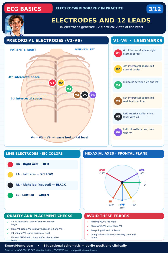 ECG BASICS – Illustrated ECG Carousel (12 Slides) ECG Basics 3/12 — Electrodes and the 12 leads