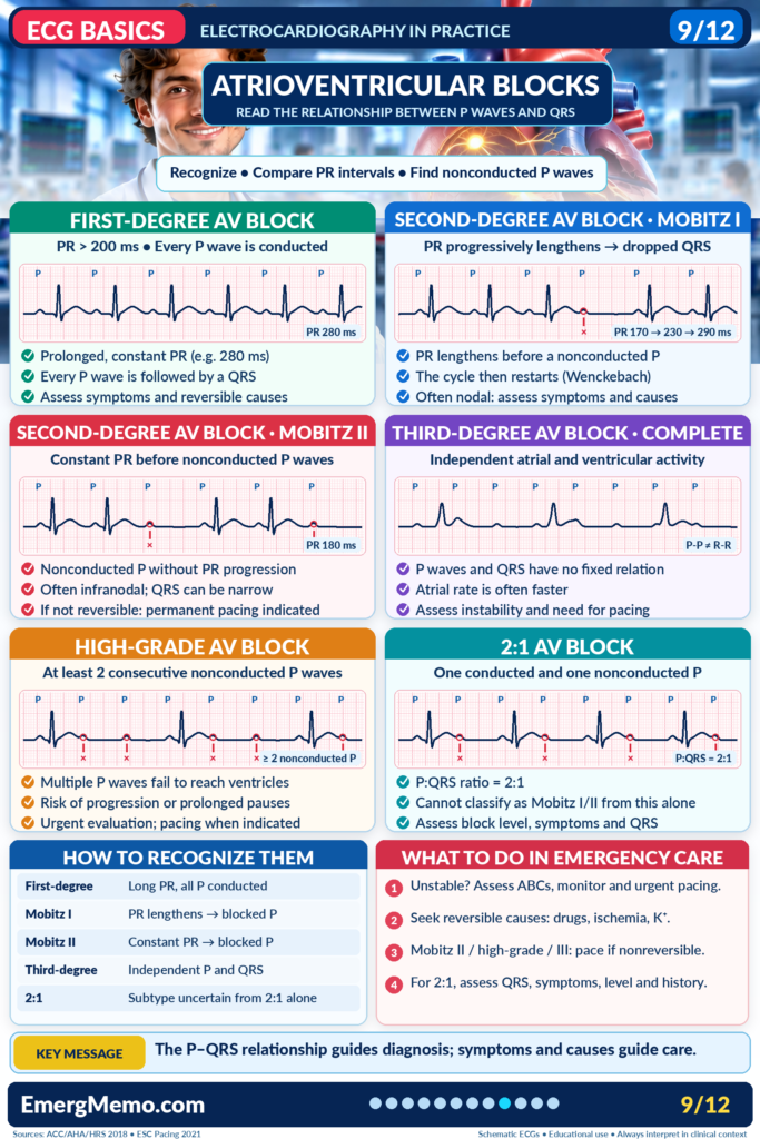 ECG BASICS – Illustrated ECG Carousel (12 Slides) ECG Basics 9/12 — AV conduction blocks