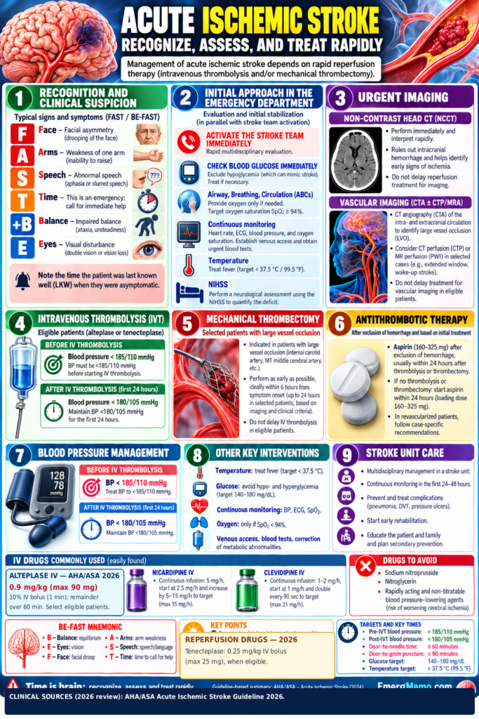 Detailed English clinical infographic: Acute Ischaemic Stroke, EmergMemo.com (2026 review)