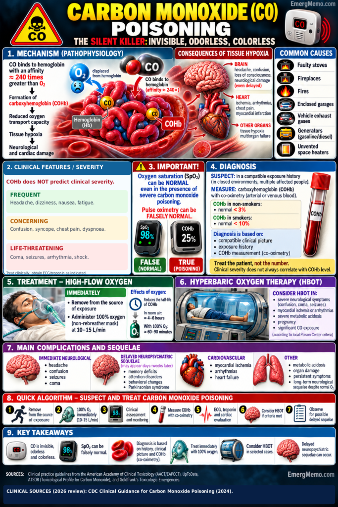 Detailed English clinical infographic: Carbon Monoxide Poisoning, EmergMemo.com (2026 review)