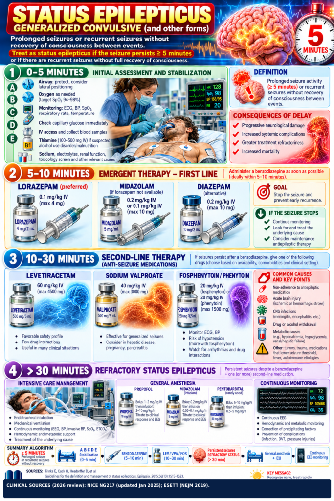 Convulsive Status Epilepticus — EmergMemo Detailed English clinical infographic: Convulsive Status Epilepticus, EmergMemo.com (2026 review)