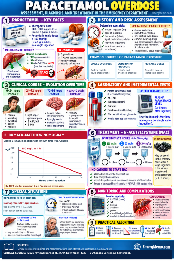 Paracetamol Overdose — EmergMemo Detailed English clinical infographic: Paracetamol Overdose, EmergMemo.com (2026 review)