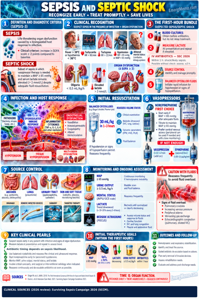 Detailed English clinical infographic: Sepsis and Septic Shock, EmergMemo.com (2026 review)