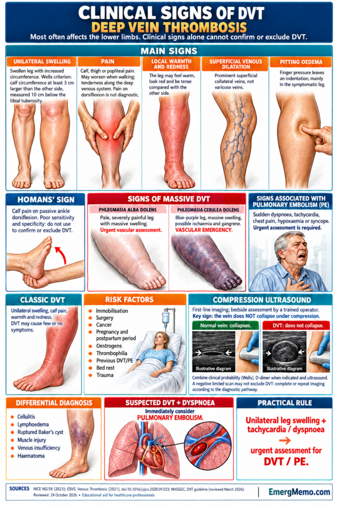 Complete DVT infographic: clinical signs, Homans sign, phlegmasia, pulmonary embolism, risk factors, compression ultrasound and differential diagnosis.