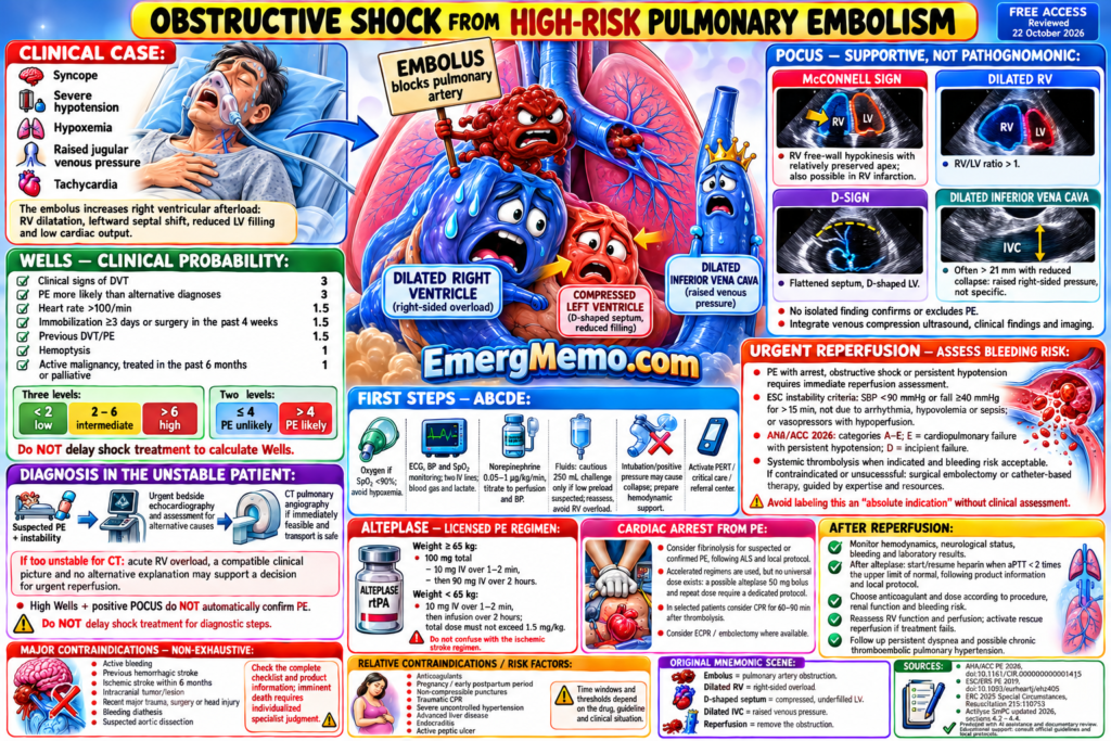 Obstructive shock from high-risk pulmonary embolism | EmergMemo Obstructive shock from high-risk PE: complete 3D mnemonic infographic covering Wells, POCUS, unstable patient diagnosis, reperfusion, alteplase and contraindications. EmergMemo.com.