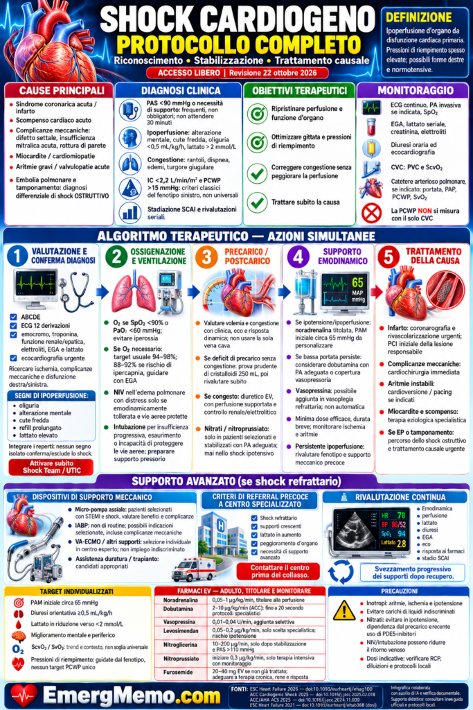 Shock cardiogeno — Protocollo completo | EmergMemo Protocollo completo dello shock cardiogeno: diagnosi, algoritmo, monitoraggio, farmaci, supporti e precauzioni. EmergMemo.com, versione italiana.