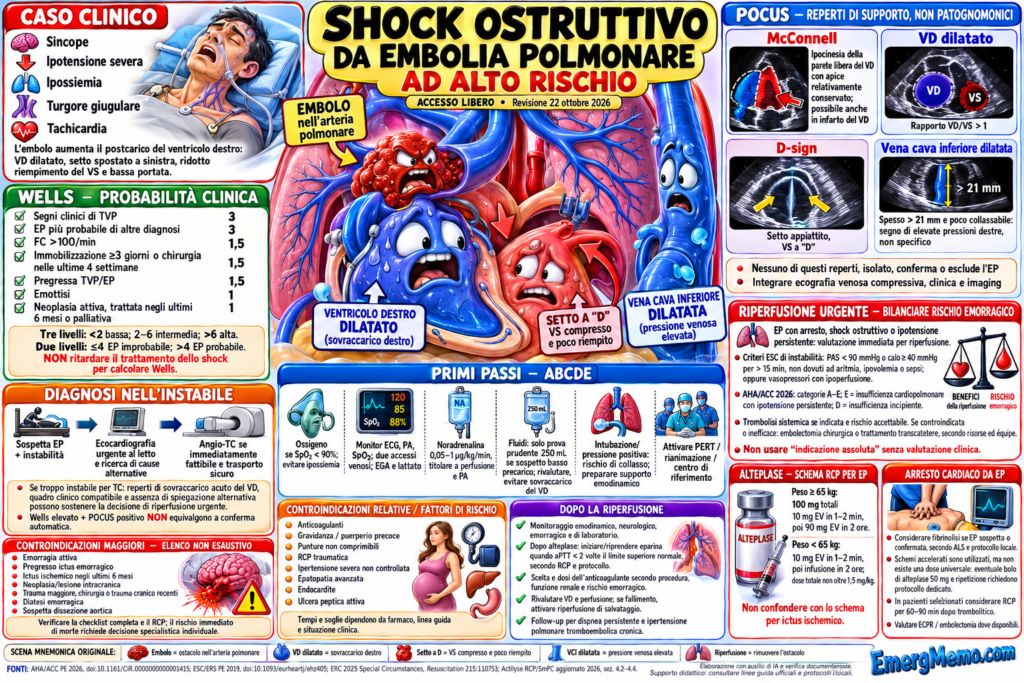 Shock ostruttivo da embolia polmonare ad alto rischio: scena mnemonica 3D, Wells, POCUS, diagnosi nell’instabile, riperfusione, alteplase e controindicazioni. EmergMemo.com.
