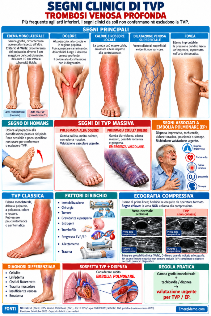 TVP: segni clinici — infografica completa Segni clinici della trombosi venosa profonda: edema, dolore, calore, vene collaterali, fovea, Homans, flegmasia, embolia polmonare, fattori di rischio, ecografia e diagnosi differenziale.