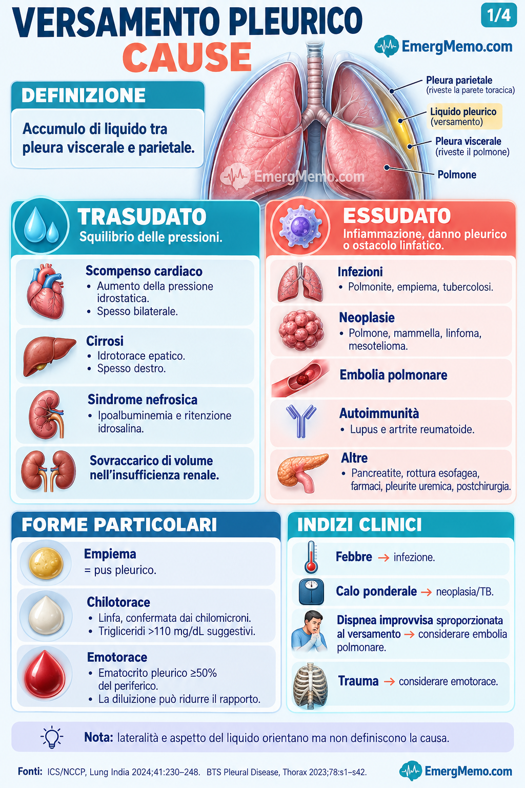 Versamento pleurico: cause, trasudato, essudato e forme particolari. Tavola 1 di 4.