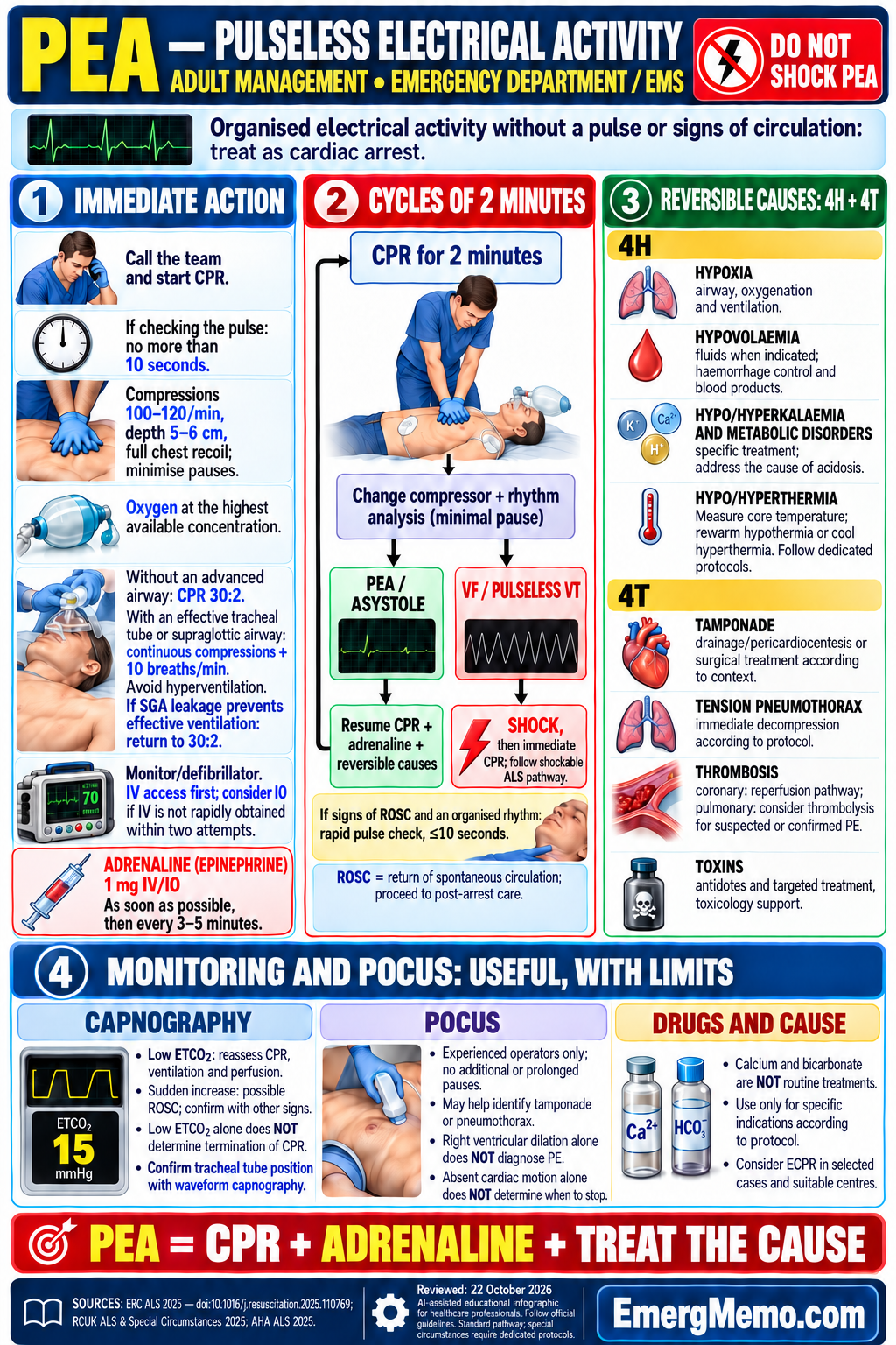 Adult PEA — complete algorithm and reversible causes Adult PEA: CPR, adrenaline, reversible causes, capnography and POCUS.